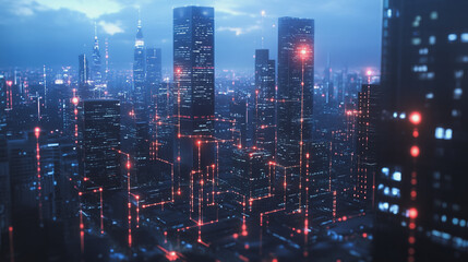 Fototapeta premium Smart digital Innovation city with connection network reciprocity over the twilight cityscape. of future smart wireless digital city and social media networking systems that connects people with city 