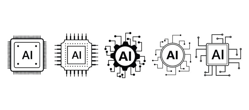 Artificial intelligence AI Processor set icons, AI circuit board chip, AI system square, round and gear shape icons chips set 