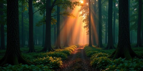 Glowing orange rays piercing the darkness of a dense forest, greenery, eerie mood