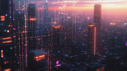 Fototapeta premium Smart digital Innovation city with connection network reciprocity over the twilight cityscape. of future smart wireless digital city and social media networking systems that connects people with city 