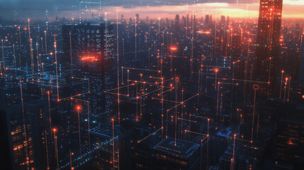 Fototapeta premium Smart digital Innovation city with connection network reciprocity over the twilight cityscape. of future smart wireless digital city and social media networking systems that connects people with city 