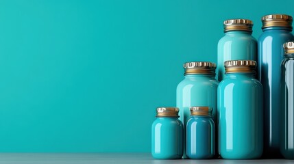 An artistic display of various aqua-colored bottles ascending in a lineup, emphasizing modern design and vibrant colors in a playful, visually striking manner.