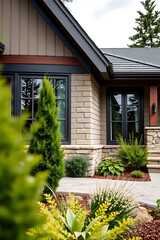 Obraz premium Modern Brick House Exterior with Landscaping and Stone Accents