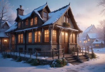 Obraz premium Glittering icicles and frosty windows adorn a charming winter village scene with a cozy inn, wintery wonderland, charming winter village