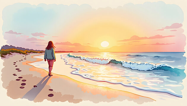 Woman walking on the beach with footprints, ideal for travel blogs, wellness content, or mindfulness websites - Powered by Adobe