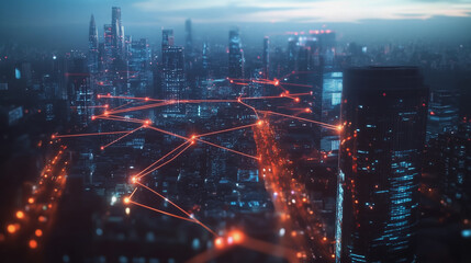 Fototapeta premium Smart digital Innovation city with connection network reciprocity over the twilight cityscape. of future smart wireless digital city and social media networking systems that connects people with city 