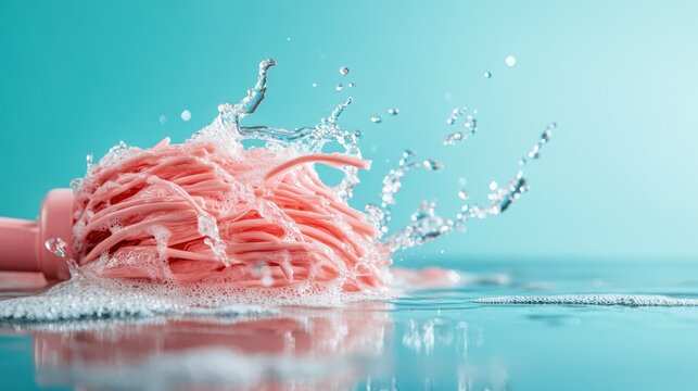 A vibrant pink mop creates stunning water splashes on a turquoise surface, showcasing the dynamic interaction between cleaning equipment and water during use.