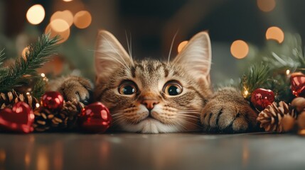 A playful kitten peeks out among holiday decorations, with sparkling lights and ornaments framing its adorable face, capturing the essence of festive cheer and warmth.