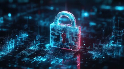 A digital lock symbolizing cybersecurity and data protection in a futuristic environment.