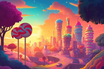 Candy City Skyline at Sunset with Lollipops
