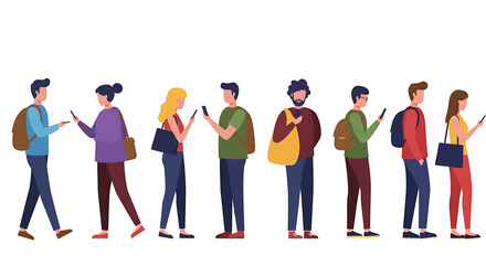 Fototapeta premium Back view of people standing in line. Vector in flat style, isolated characters patiently waiting in line. Men and women in crowd in row, queue of personages talking and chatting on phones 