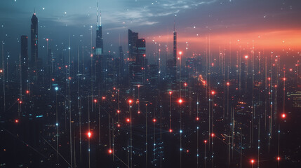 Fototapeta premium Smart digital Innovation city with connection network reciprocity over the twilight cityscape. of future smart wireless digital city and social media networking systems that connects people with city 