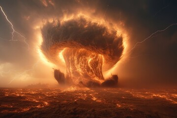 Fiery vortex, lightning, burning landscape, apocalyptic scene.