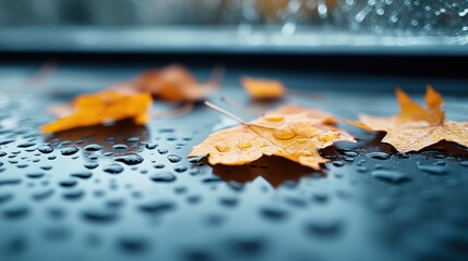 The image shows vibrant autumn leaves laying on a reflective surface after rain, capturing the essence of nature's beauty in wet conditions.