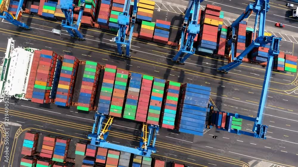 Poster Multiple views of a container ship docking and unloading at a busy port, showcasing the complex logistics and operations involved in global trade and cargo transportation