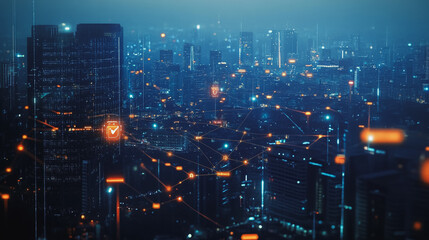Naklejka premium Smart digital Innovation city with connection network reciprocity over the twilight cityscape. of future smart wireless digital city and social media networking systems that connects people with city 