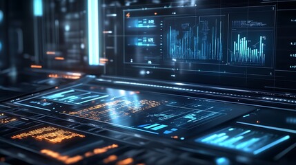 Obraz premium A futuristic background featuring a holographic interface with floating data points and graphs, set against a sleek, metallic backdrop