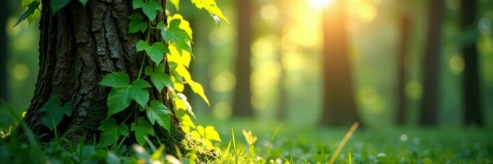 Obraz premium Ivy climbing up a pine tree, sunlight filtering through greenery, sunlight, tree