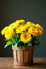 Freshly cut stems of small yellow chrysanthemums in a wooden basket, fresh, flowers