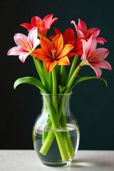 Fototapeta premium Fresh cut Alstroemeria stems in a modern glass vase, fresh, modern, arrangement