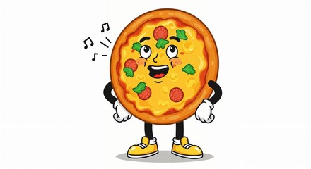 Cheerful cartoon pizza character singing with musical notes and pepperoni toppings
