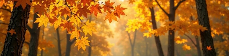 Dense foliage of golden maple leaves sways in gentle autumn breeze, leaves, forest
