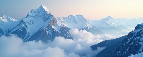 Dense fog swirling around mountain peaks covered in snow, serene, cold,