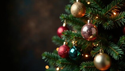 Decorated black ribbon Christmas tree with ornaments and lights, lights, black ribbon, ribbon