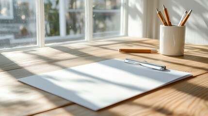 A minimalistic workspace featuring blank papers and pens placed on a wooden table. The soft natural light creates a warm and inviting atmosphere for creativity.