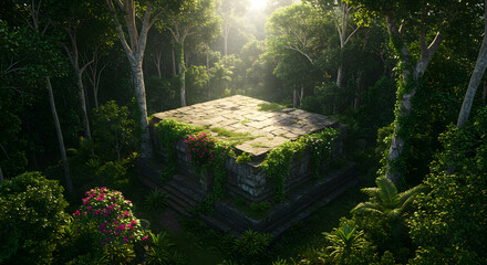 Tropical Jungle Stone Platform Enveloped by Rich Green Vegetation and Blooming Flowers.