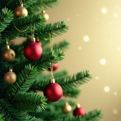 Obraz premium Christmas ball garland hanging on a green fir branch, decorations, garland