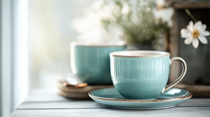 A stylish teal cup sits elegantly on a rustic wooden table alongside a matching plate, showcasing an inviting and serene dining arrangement with natural beauty.