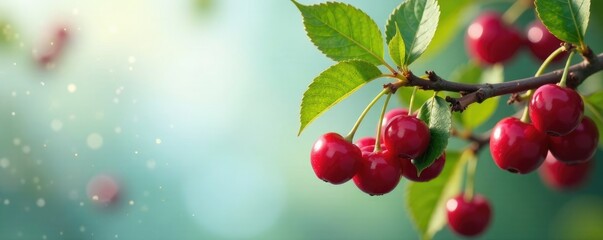 Fototapeta premium Cherry branch with leaves and stems in the air, cherries, branches