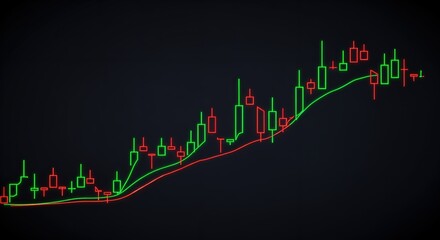 Fototapeta premium Green and red candlestick chart with trend lines on dark background