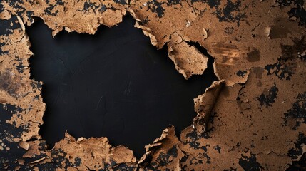 Fototapeta premium Hole in cork material texture on black rippled background with natural cork fragments