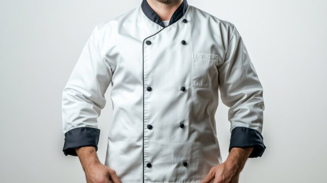 A male chef in a pristine white uniform poses confidently, embodying professionalism and dedication in the culinary arts, with an elegant restaurant backdrop.