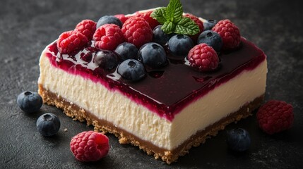 Berry cheesecake on dark stone.