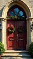 Adorned church entrance with wreaths and holly, decorations, garland, ribbons