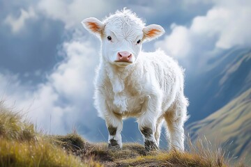 Obraz premium Cute white calf standing against a picturesque mountain landscape. Ideal for themes related to nature, agriculture, farming and wildlife.