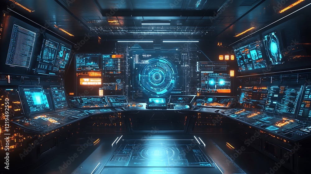 Poster a futuristic background featuring a holographic interface with floating data points and graphs, set 