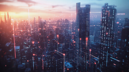 Fototapeta premium Smart digital Innovation city with connection network reciprocity over the twilight cityscape. of future smart wireless digital city and social media networking systems that connects people with city 
