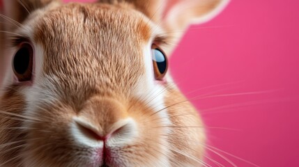 This charming close-up shot captures the sweetness of a bunny nestled in a soft pink backdrop, radiating warmth and affection that appeals to pet lovers and children.