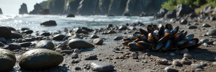 Obraz premium Group of fresh mussels attached to rocky surface in natural habitat, sustainable, marine conservation, British Isles, environment