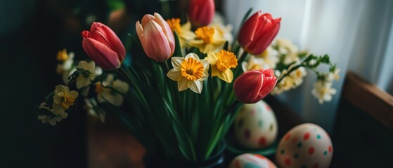 A vibrant display of colorful flowers in a vase, perfect for celebrating the joy of Easter and the arrival of spring.