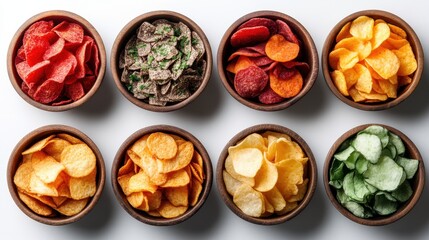An enticing display of colorful potato chips arranged in bowls, showcasing a variety of textures and flavors ideal for snacking and sharing with friends or family.