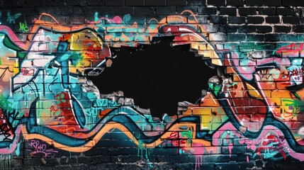 Obraz premium Background with hole in colorful graffiti brick wall with vibrant street art design