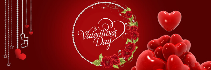 happy valentine's day text, white frame, red rose and red balloons. valentine day greeting card. vector illutration.