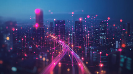 Smart digital Innovation city with connection network reciprocity over the twilight cityscape. of future smart wireless digital city and social media networking systems that connects people with city
