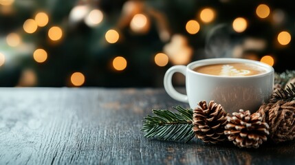 Obraz premium A beautifully frothed coffee cup positioned elegantly with pinecones and greenery, radiating warmth and inviting feelings, ideal for cozy gatherings and quiet moments.