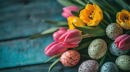 Colorful Easter eggs and vibrant tulips are beautifully arranged on a blue table, celebrating the festive spirit of spring.